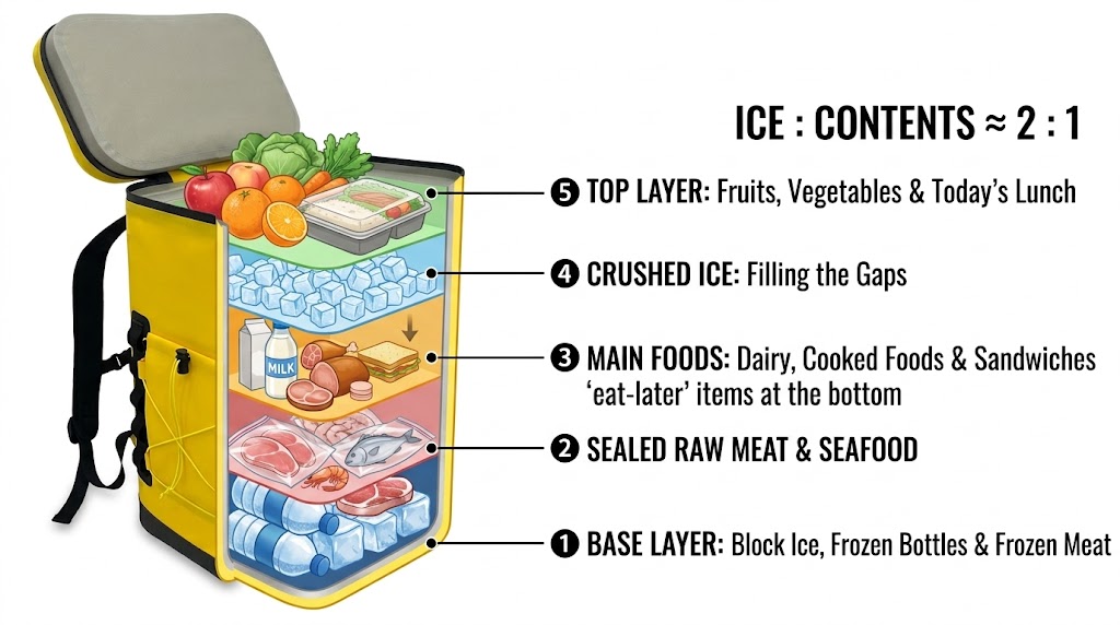 how to pack a cooler in layers: block ice, raw meat, main food, cubed ice and fragile items on top