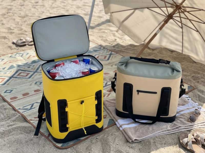 separate cooler backpack for drinks and soft cooler tote for food in the shade